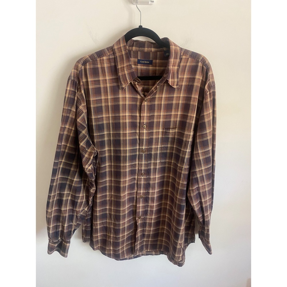 Club Room Mens XL Brown Plaid Button Down Shirt Long Sleeve 100% Cotton Pocket